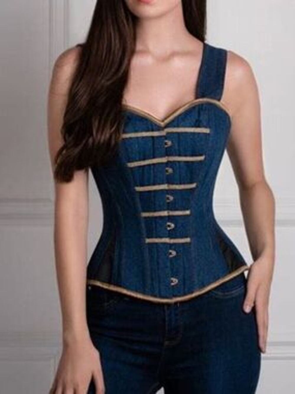 CORSET STORY Denim Military Inspired Shoulder Strap Steel Boned Corset Size 36"